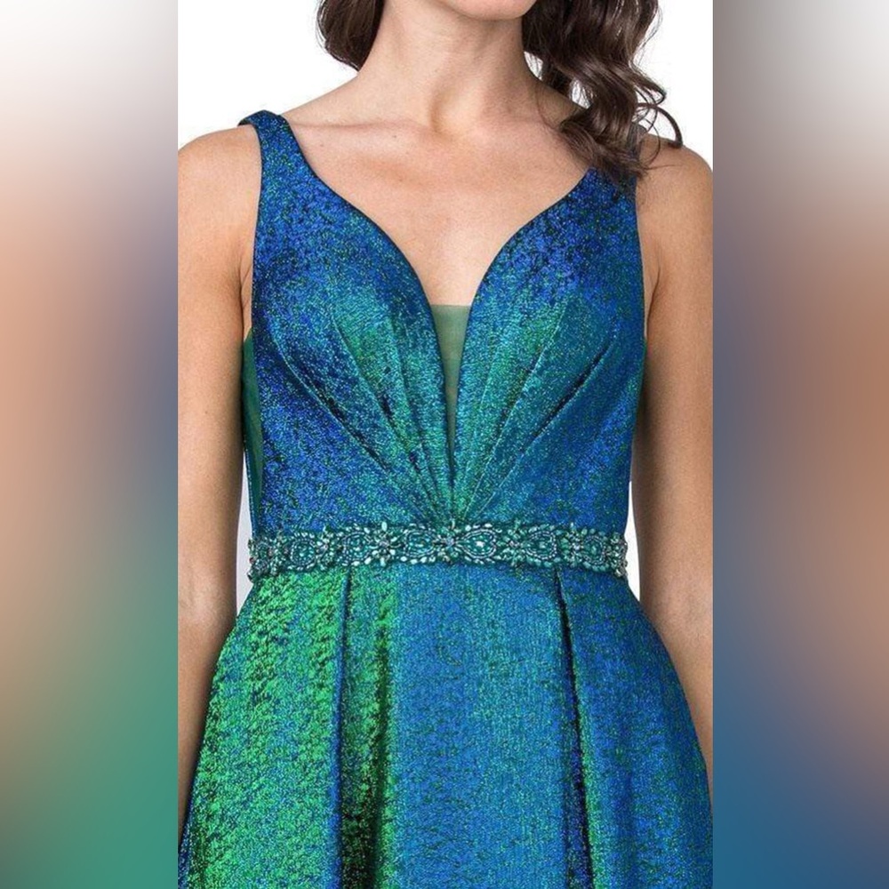blue/green A-line prom dress with pockets